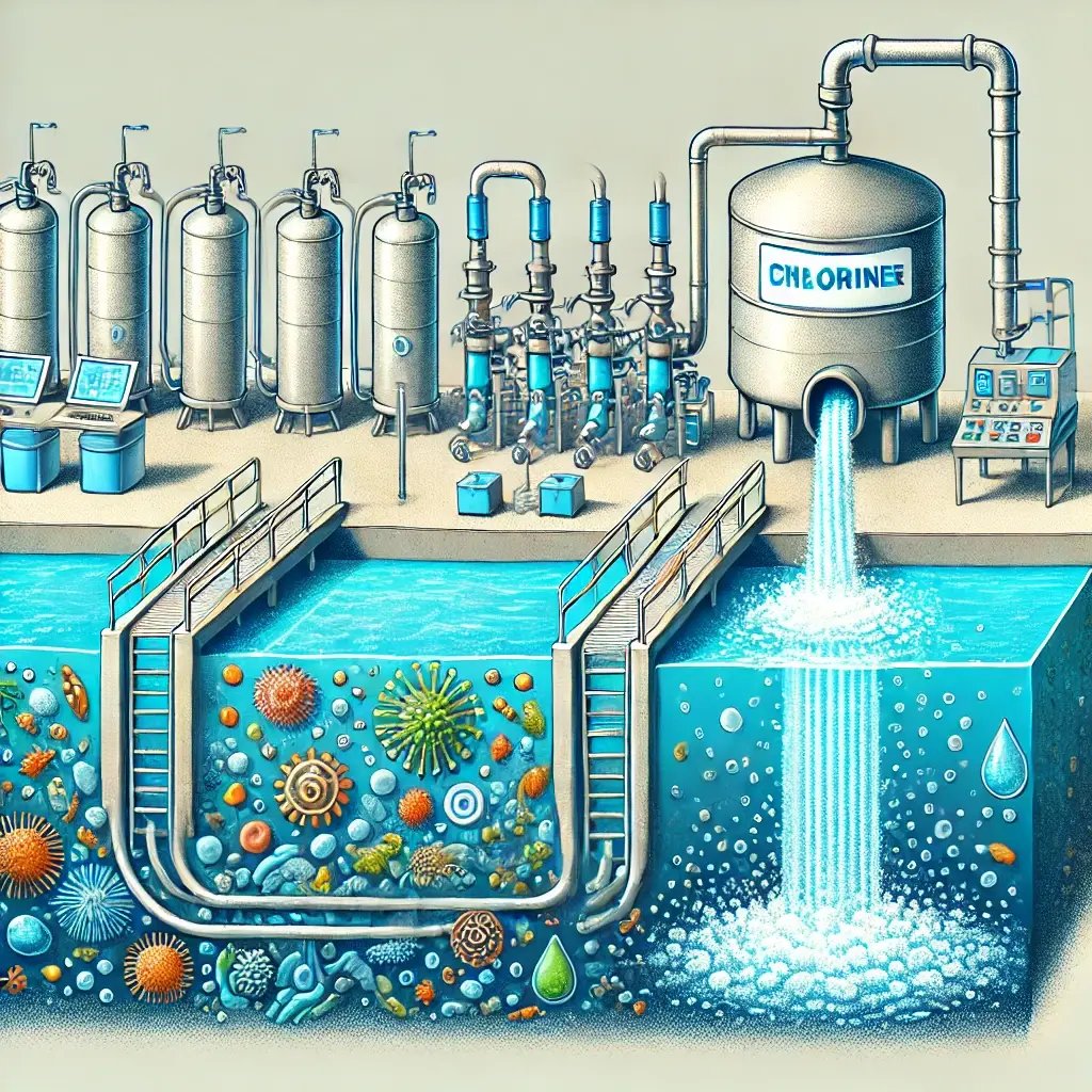 DALL·E 2024-09-27 23.05.38 - A detailed illustration showing the water disinfection process using chlorine. The image features a water treatment plant where chlorine is injected i