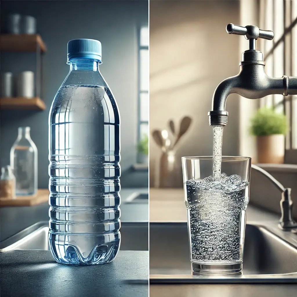 DALL·E 2024-10-02 21.50.01 - A comparison image showing two types of water_ bottled water versus tap water. On the left, a clean and modern-looking bottled water with a blue label