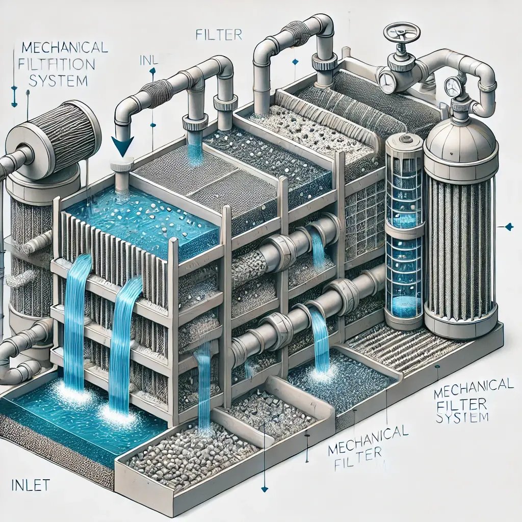 DALL·E 2024-10-04 21.08.33 - A detailed diagram of a mechanical filtration system, showcasing water passing through multiple layers of filtration media such as mesh screens, grave