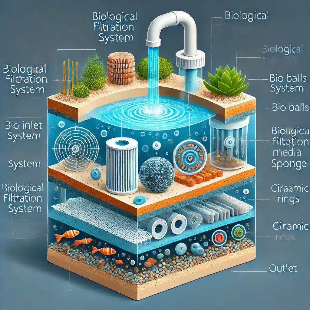 DALL·E 2024-10-04 21.10.06 - A detailed diagram of a biological filtration system, illustrating water flowing through different layers containing biological filtration media, such