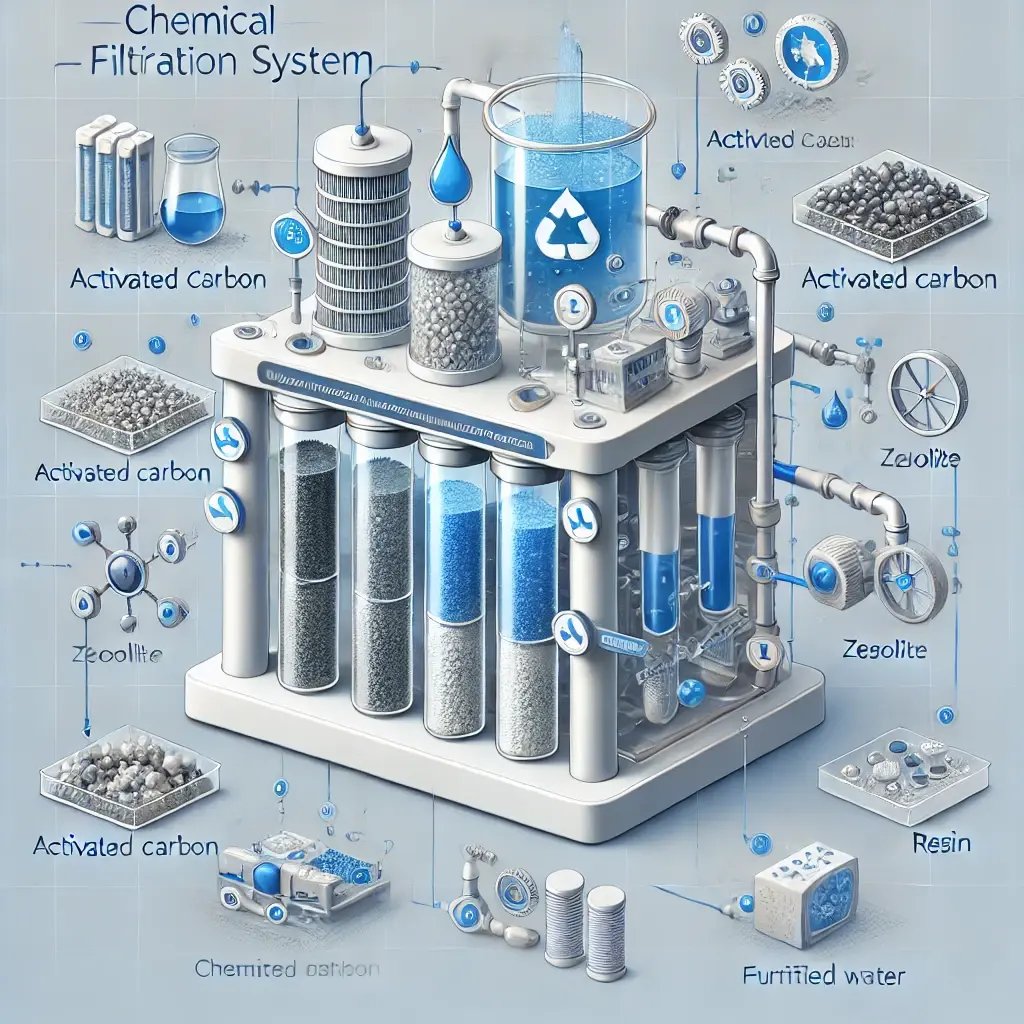 DALL-E 2024-10-04 21.11.46 - A detailed diagram of a chemical filtration system, showing water flowing through chemical filtration media such as activated carbon, zeolite, or resi