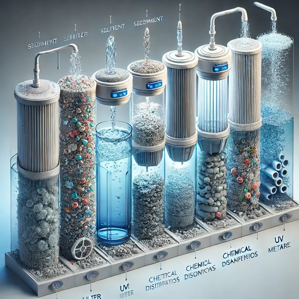 DALL·E 2024-10-09 15.49.33 - A detailed image of a multi-stage water filtration system, showing various filtration steps. The first stage should include a sediment filter to remov