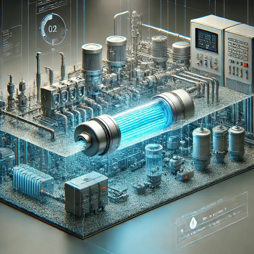 DALL·E 2024-10-09 15.50.49 - A detailed image of a water disinfection system, showing the final stage of water treatment. The system should include components like a UV light disi