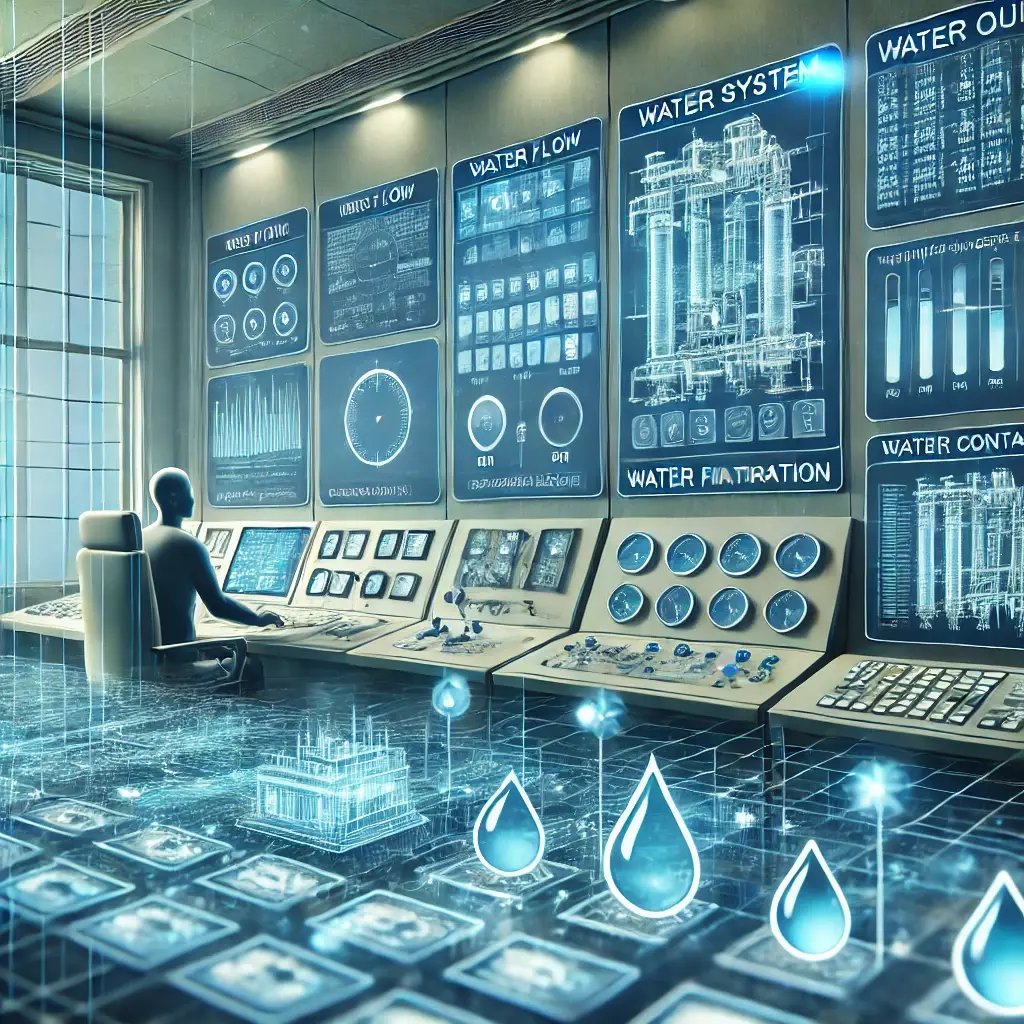 DALL·E 2024-10-09 15.51.45 - A detailed image of a water system control and monitoring setup, showing a modern control room with screens and panels that display real-time data abo