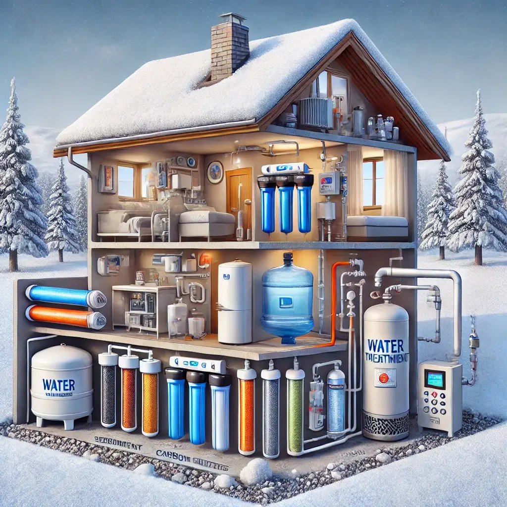 DALL·E 2024-10-18 14.34.25 - A detailed depiction of a household water treatment system for cold climate countries. The system includes insulated water pipes and a tank to prevent