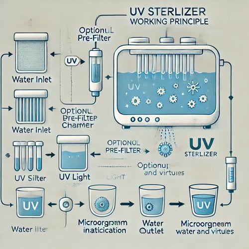 DALL·E 2024-10-30 15.48.48 - A simplified flowchart-style diagram illustrating the UV sterilizer working principle. The diagram includes labeled sections with icons or small illus